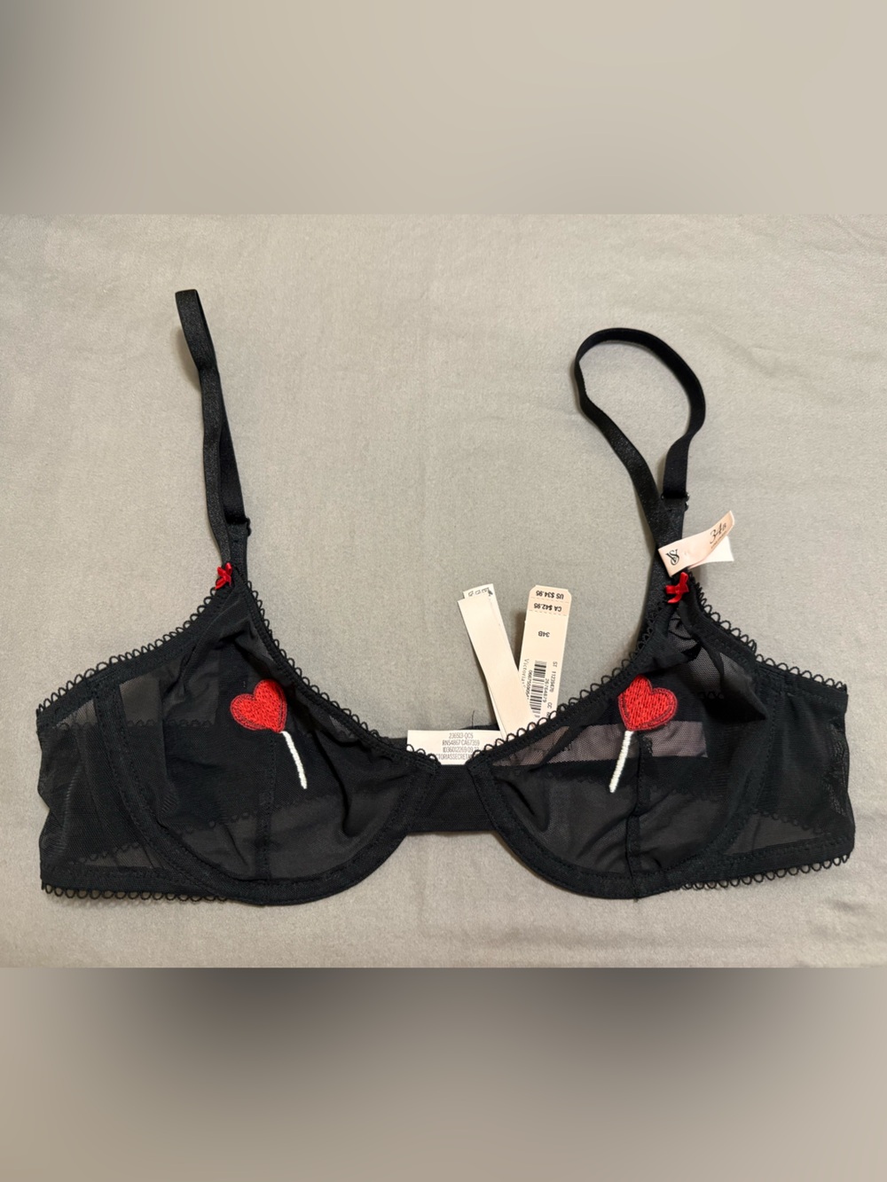 Victoria's Secret Black Sheer Underwire Bra with Red Heart Accents